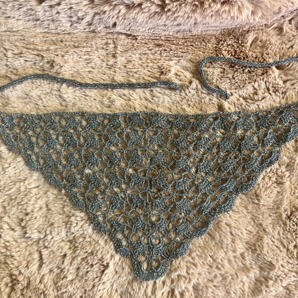 Hand Made Crochet Blue-Gray Silver Lurex Bandana/Neck Scarf/Rustic Boho Style